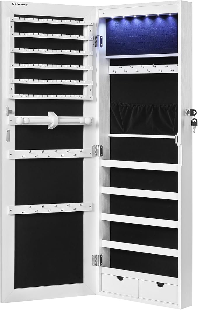 SONGMICS Hanging Jewelry Cabinet, Wall-Mounted Cabinet with LED Interior Lights, Door-Mounted Jewelry Organizer, Full-Length Mirror, Gift Idea, White UJJC99WT