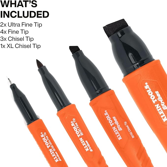 KLEIN TOOLS 80204 Skribes Variety Set, 10-Pack, Black Permanent Markers with Ultra Fine, Fine, Chisel, and XL Chisel Tip, Quick-Drying Marker Set, Professional-Grade Ink