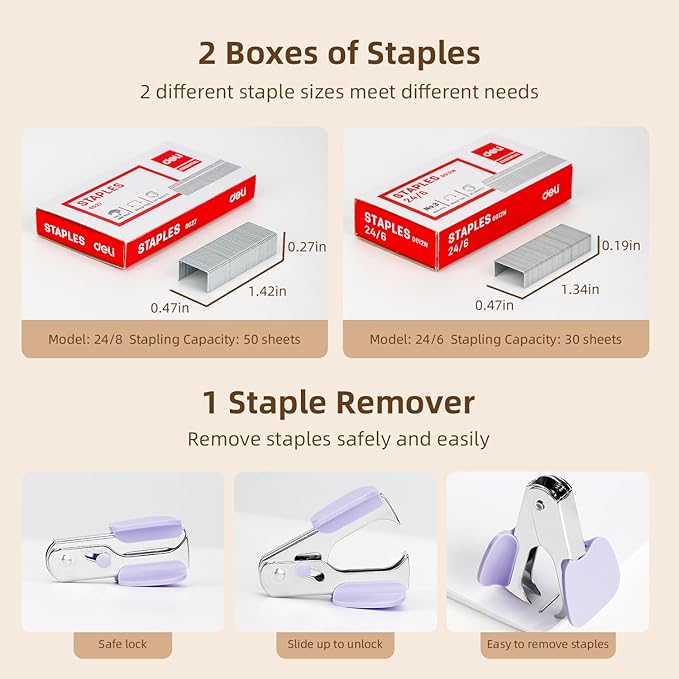Deli Effortless Desktop Stapler, Heavy Duty Stapler, 40-50 Sheet Capacity, One Finger, No Effort, Includes 1500 Staples & Staple Remover, Violet