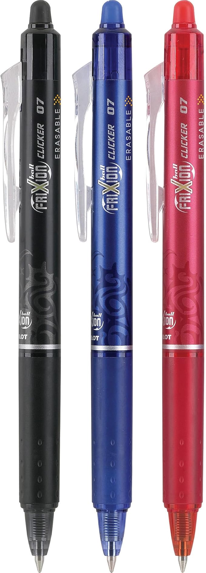 PILOT FriXion Clicker Erasable, Refillable & Retractable Gel Ink Pens, Fine Point, Black/Blue/Red Inks, 3-Pack (31467)