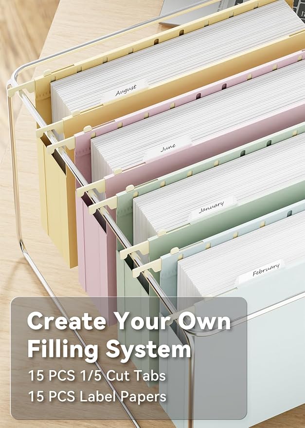 Ansook Letter Hanging File Folders Extra Capacity,Heavy Duty 2" Pastel Expandable Letter Size File Folder Hanging with Tabs,12 Pack Plastic File Cabinet Folders,Office School Hanging File Organizer