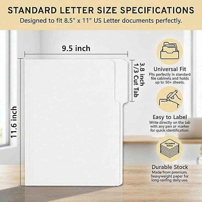 100 Packs White File Folder, File Folders Letter Size,1/3-Cut Tabs,8.5x11 File Folders for Office,School and Home,Organizer Documents