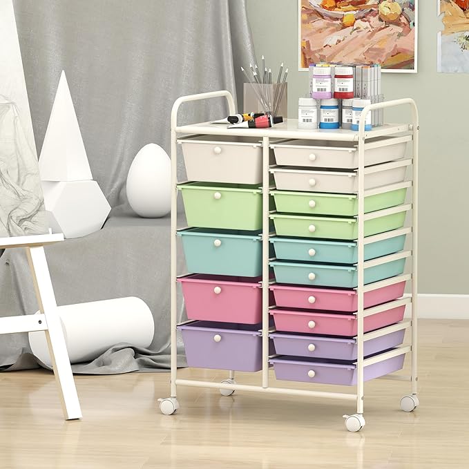 COSTWAY 15 Drawers Rolling Storage Cart, Multipurpose Utility Cart on Wheels w/Lockable Wheels & Removable Drawers, Mobile Tools Scrapbook Paper Organizer for Office School Home, Ice Cream Colorful