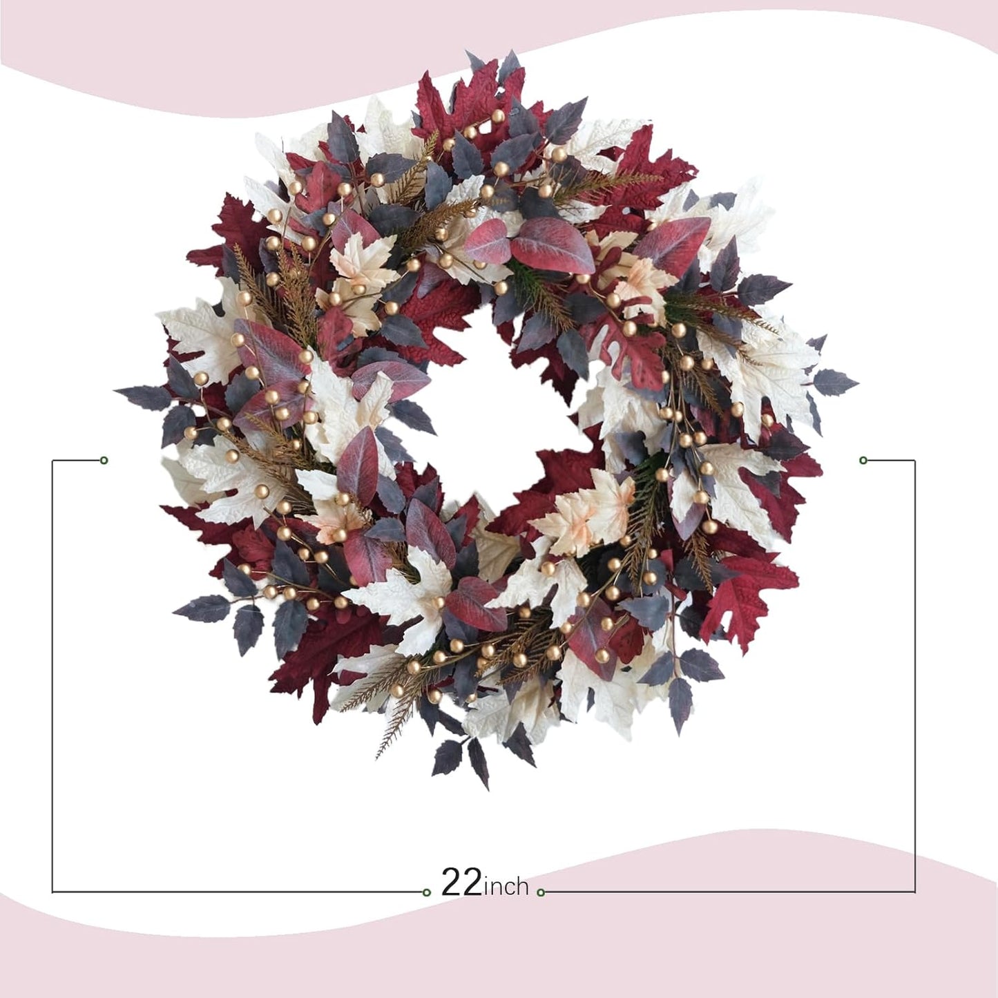 Maple Leaves Pearl Fall Wreaths- 22 Inch Autumn Wreath with Gold Pearl Accents & Grapevine Base, Farmhouse Style for Front Door Wreaths for Thanksgiving Harvest Indoors/Outdoors