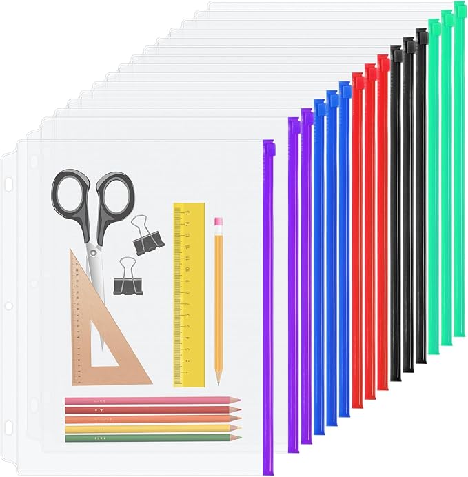 YoeeJob 3 Holes Clear PVC Zipper Binder Pocket Insert Pages Letter Size, 8 1/2" x 11 Loose Leaf Binder Filing Storage Bags 15 Packs (5 Color)