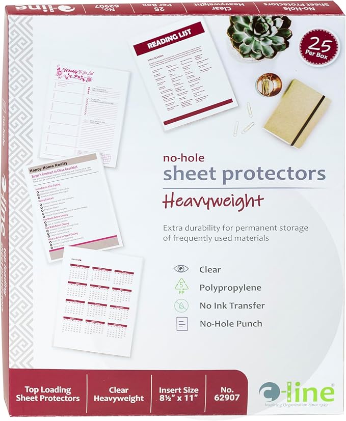 C-Line Top Loading Heavyweight Poly No-Hole Sheet Protectors, 8.5 x 11 Inches, 25 per Box (62907) (Pack of 5)