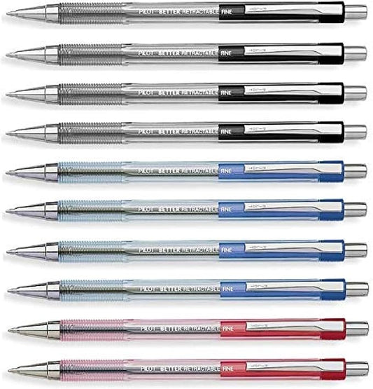 Pilot Better Retractable Ballpoint Pen, Bundle Black, Blue, Red colors Fine Point 07, 10 COUNT