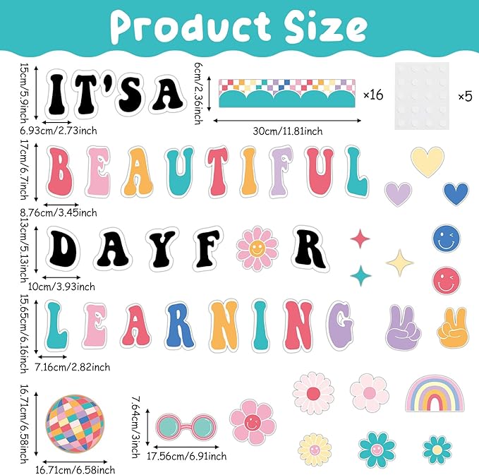 Hippie Boho Classroom Bulletin Board Decorations Groovy Retro Back to School Bulletin Set It's a Beautiful Day for Learning Classroom Decoration Colorful Cutout for Teacher Kindergarten Preschool Wall