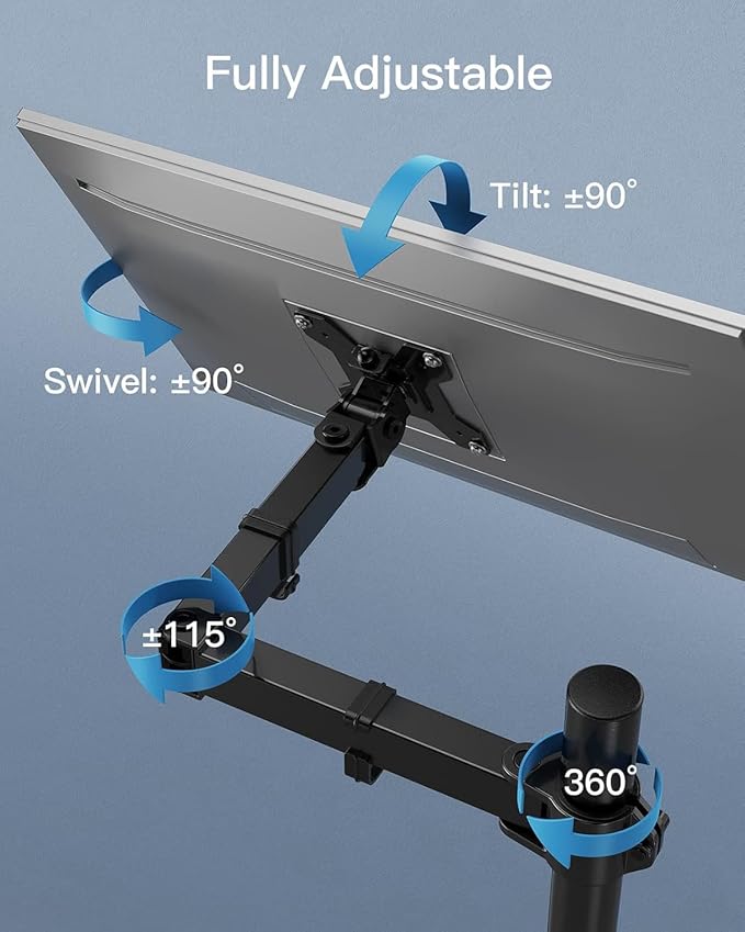 HUANUO Single Monitor Arm with 39 inch Extra-Tall Pole, Adjustable Computer Desk Mount for 13–32 inch Screens and up to 38 inch Ultrawide Screens, Hold 22 lbs, Monitor Stand with C-Clamp & Grommt Base