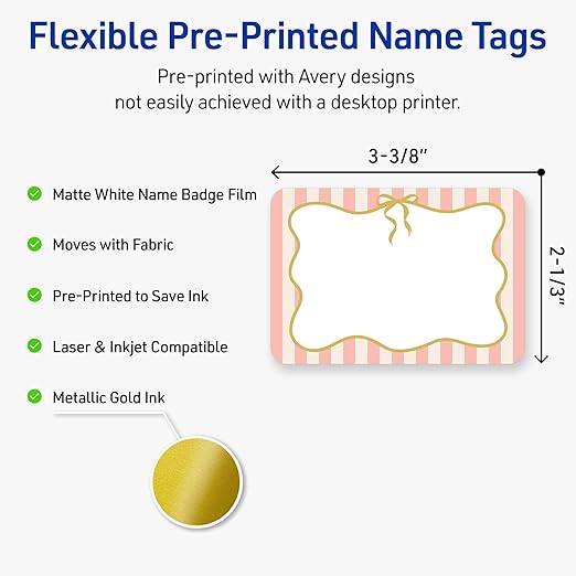 Avery Printable Adhesive Name Badges, 2-1/3" x 3-3/8", Pre-Printed Pink Stripes with Metallic Gold Bow Design, Matte White, Laser & Inkjet Compatible, 80 Total