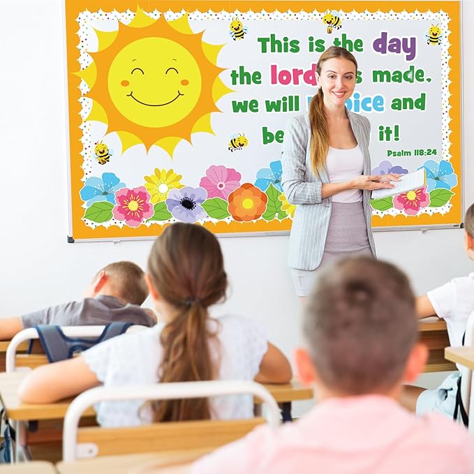 Spring Religious Bulletin Board Decorations Set, Sunday School Lord Classroom Decoration Inspired Christian Sun Flower Cutouts Bible School VBS Library Church Window Wall Decor for Teacher