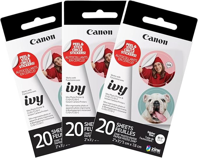Canon Ivy Zink Pre-Cut Circle Sticker Paper 20 Sheets Pack (Pack of 3) Compatible with Canon Ivy Mini Photo Printer and CLIQ+/CLIQ+2