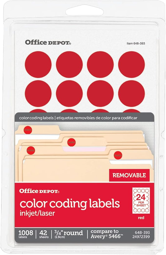 Office Depot Removable Round Color-Coding Labels, 3/4in. Diameter, Red, Pack of 1,008, OD98786