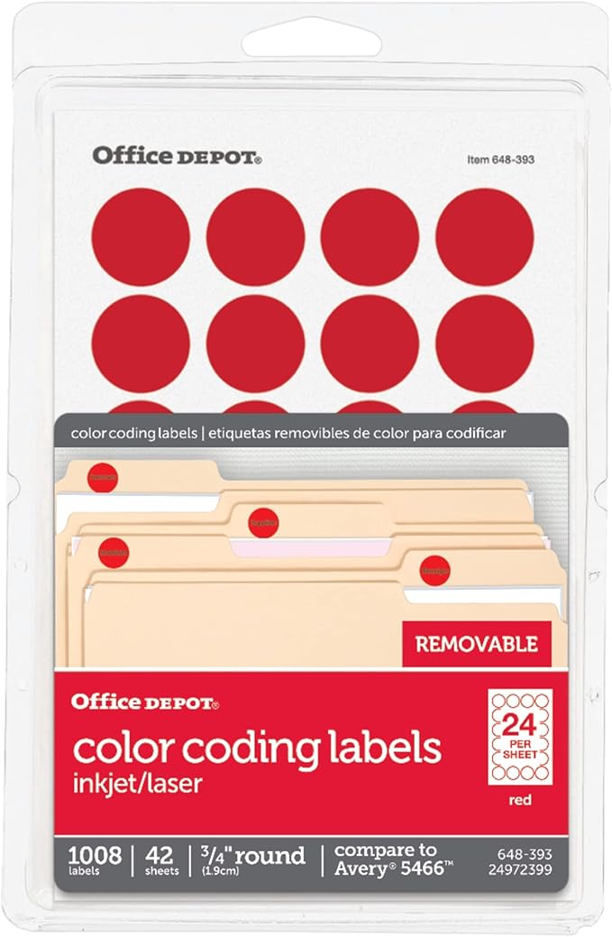 Office Depot Removable Round Color-Coding Labels, 3/4in. Diameter, Red, Pack of 1,008, OD98786