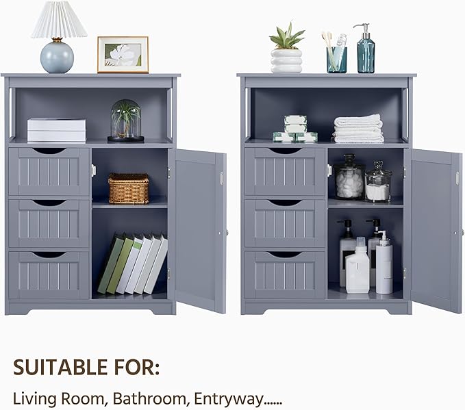 Yaheetech Bathroom Storage Cabinet Bathroom Floor Cabinet Freestanding Storage and Organizer with Door, 3 Drawers, Adjustable Shelf, 35.5 Inches Height, Gray