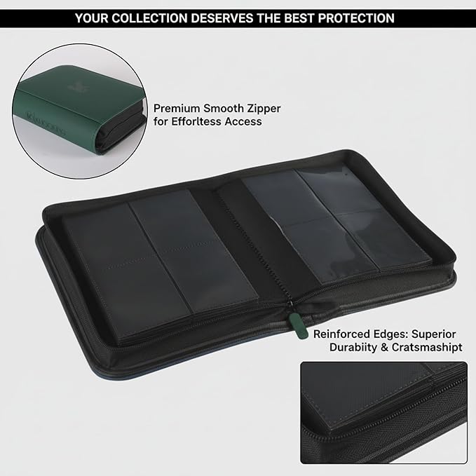 336 Card Binder, 4-Pocket Zipper Binder for Trading Cards, Side Loading Water-Resistant Album for MTG, TCG & Sports Cards (Green)