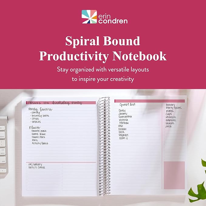 Erin Condren 8.5" X 11" Spiral Bound Productivity Notebook, Flora Peony, Functional 160 Lined Page and 80Lb Thick Paper Spiral Notebook, Stickers Included