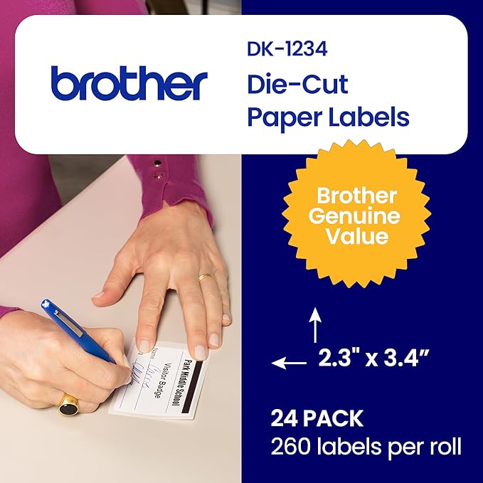 Brother Genuine DK-123424PK Die-Cut Name Badge Paper Labels, 2.3" x 3.4" (60 mm x 86 mm) Adhesive White Paper Labels, 260 Labels per Roll, 24 Rolls per Box