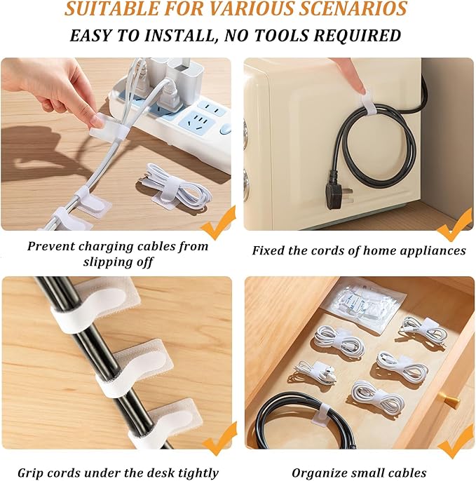 36PCS Cable Organizer Hook and Loop Cable Ties, Self Adhesive Hook and Loop Cable Straps Sticky-back Cable Management Cord Organizer Cable Clip for Household & Office Essentials (White*36)