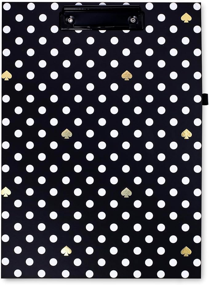 Kate Spade New York A4 Clipboard Folio with Low Profile Clip, Black Professional Padfolio Includes Lined Notepad, Pen Loop, and Pocket, Polka Dots