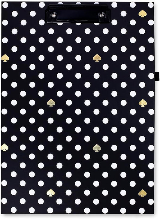 Kate Spade New York A4 Clipboard Folio with Low Profile Clip, Black Professional Padfolio Includes Lined Notepad, Pen Loop, and Pocket, Polka Dots