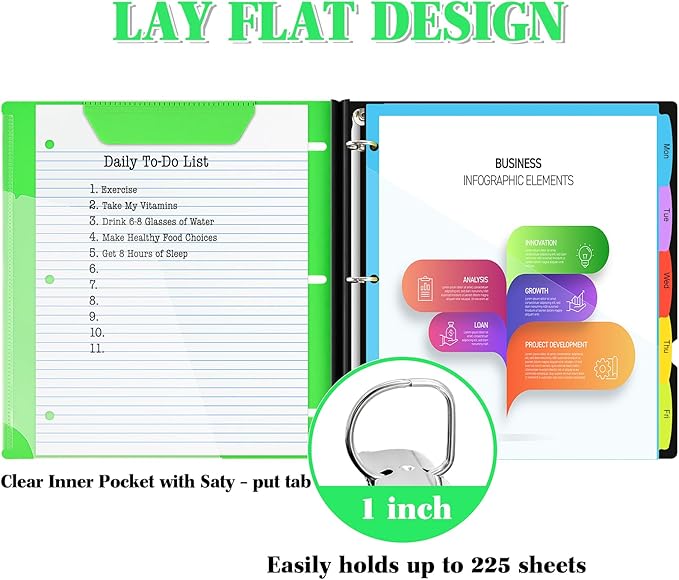 INFUN 1 Inch Telescoping Project Organizer Binder-2PCS,13 Pocket, Customizable Front Cover, 5 Colors Pocket Divider and Plastic Binder Pocket，225 Sheet Capacity-Green