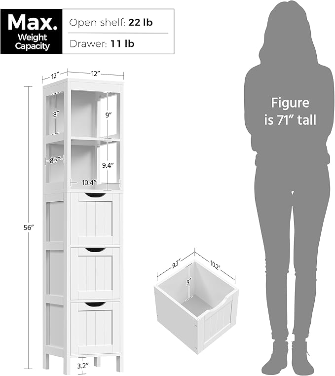 Yaheetech Bathroom Tall Cabinet, Slim Storage Cabinet, Narrow Freestanding Floor Cabinet with 3 Drawers & 2 Shelves, Linen Tower for Small Space, 12" D x 12" W x 56" H, White