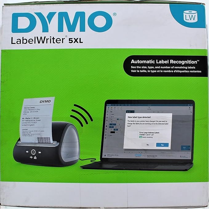 DYMO LabelWriter 5XL Direct Thermal Monochrome Wired Label Printer - USB and Ethernet Connectivity, 62 Labels Per Minute, 300 dpi, 4.16" Print Width - Includes 1 Rolls of 500 Labels