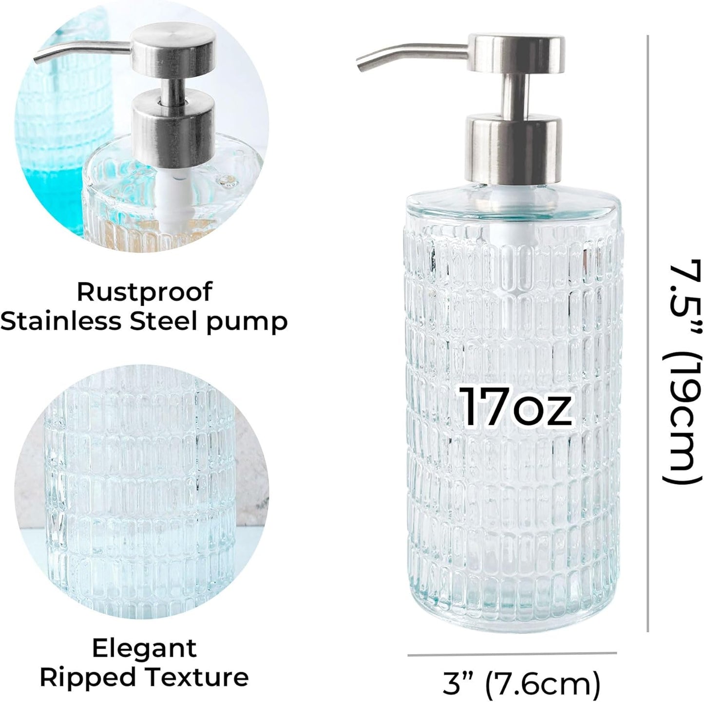 Lunestella Elegant Glass Hand Soap Dispenser with Stainless Steel Pump, for Bathroom and Kitchen, Rust Proof, 17oz (Silver)