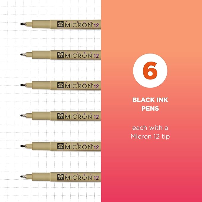 SAKURA Pigma Micron Fineliner Pens, 12 Tip Size, Archival Black Ink, 6 PK 50132