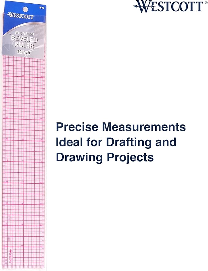 Westcott 8ths Graph Transparent Beveled Edge Ruler, Zero Centering Scale, Durable Laminated Finish,12-Inch, Office, Drafting, Sewing, Engineering, School Supplies (Pack of 144)