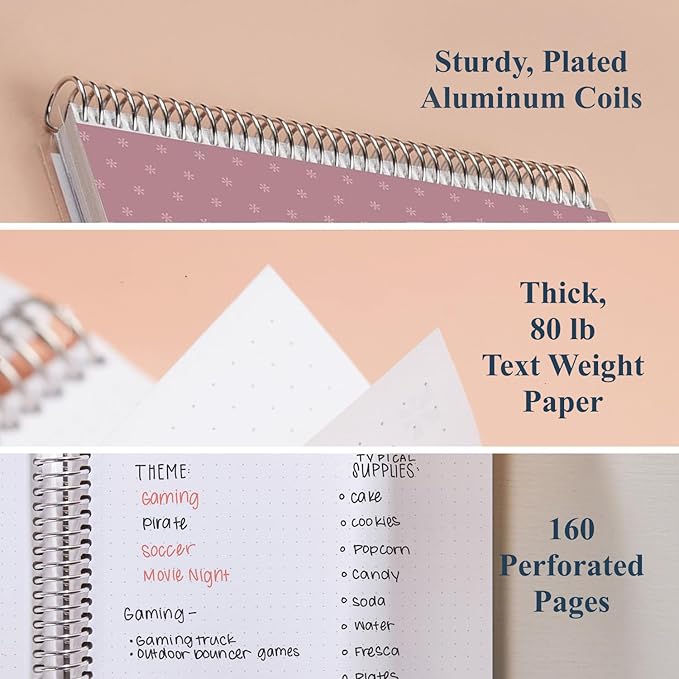 Erin Condren 7” x 9” Dot Grid Spiral Notebook, 5mm Dotted Layout with 80 Lb. Paper, Canvas Asterisk Cover, 160 Dot Grid Notebook Pages, Platinum Coil, Stickers Included