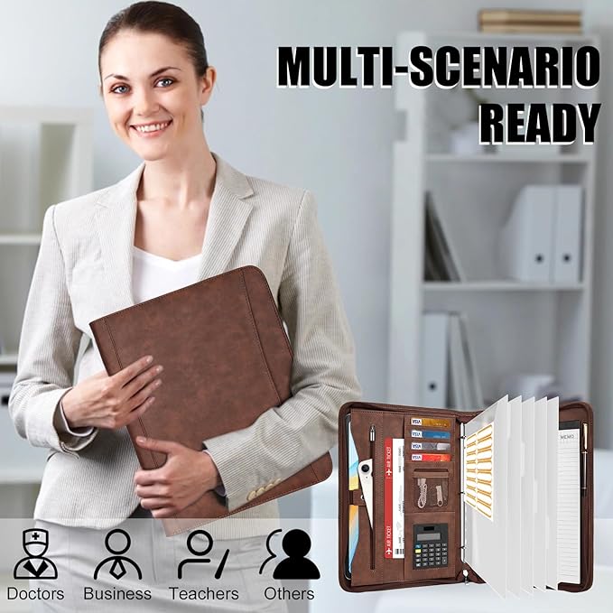 Eshow Portfolio Organizer - 3 Ring Binder with Zipper, Vegan Leather Business Padfolio Folder with Notepad Includes 5 Clear Sheet Protectors for Documents Files for Men Women