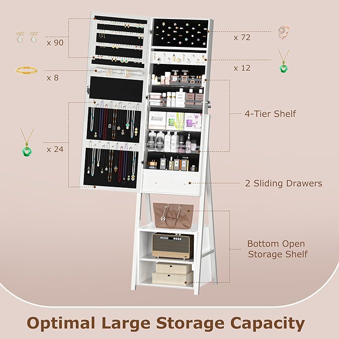 VECELO Jewelry Cabinet with Lights, 63" Full Length Mirror with Jewelry Storage, Lockable Standing Jewelry Mirror Cabinet, 3 Colors Mode, Powered By USB, White