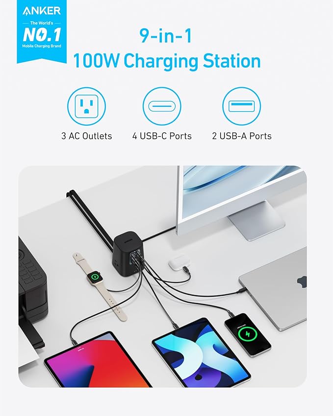 Anker 310 USB C to USB C Cable (3ft, 2 Pack),Type C Fast Charging Cable Charging Station (100W), 9-in-1 USB C Power Strip with 300J Surge Protection