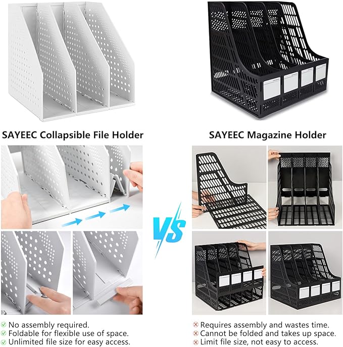 SAYEEC 1Pcs Collapsible Plastic Magazine File Holder Vertical Binder Storage Organizer for Desk Sturdy Upright Desktop Magazine Organizer Folder Rack for Office School Home (3 Compartments, Gray)
