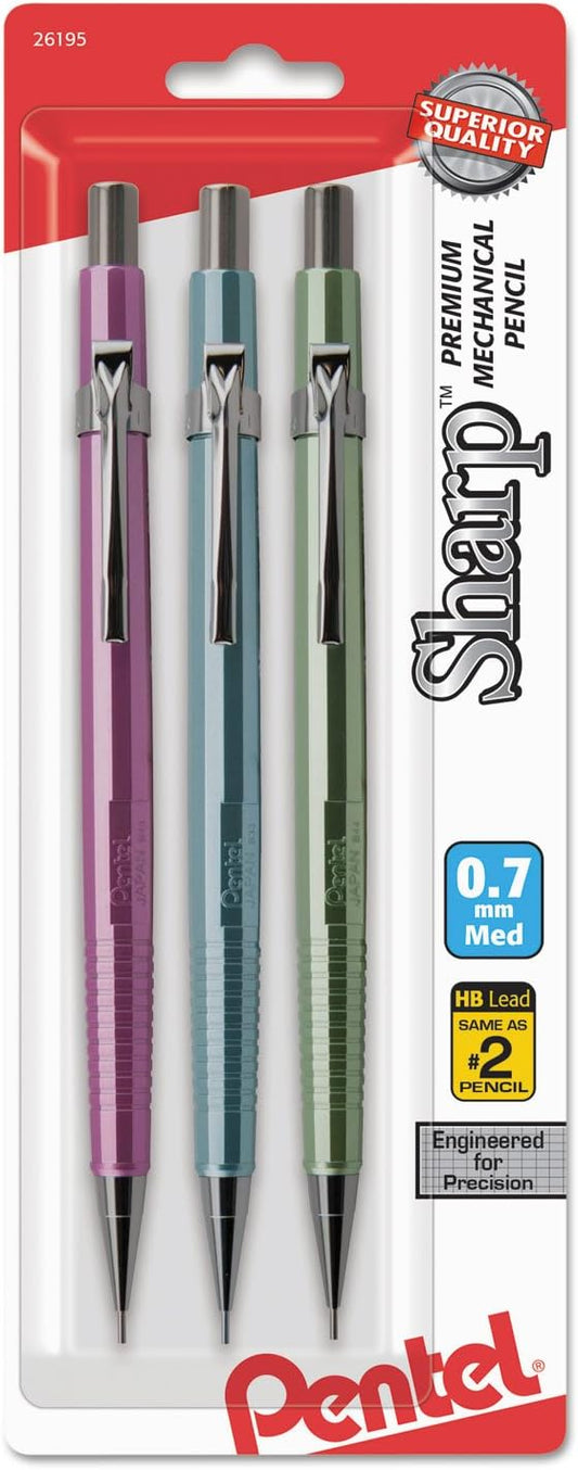 Pentel Sharp Mechanical Pencil, (0.7mm), Medium Line, Metallic Barrel, Assorted Colors, Pack of 3 (P207MBP3M1)