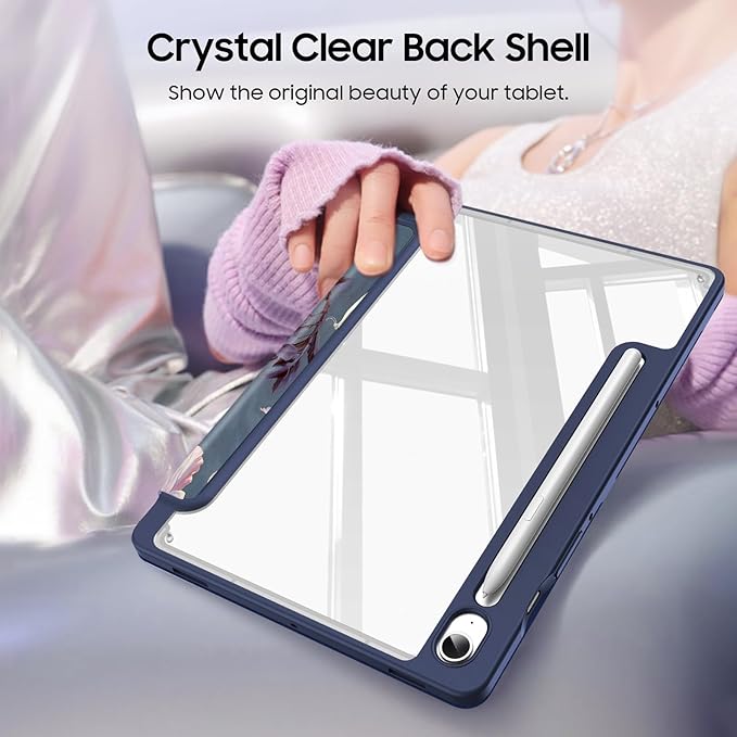 Fintie Hybrid Slim Case for Samsung Galaxy Tab S10 Lite/ S10 FE/ S9 FE 10.9 Inch/Tab S9 11 Inch with S Pen Holder, Shockproof Cover with Clear Transparent Back Shell, Auto Wake/Sleep,Blooming Hibiscus