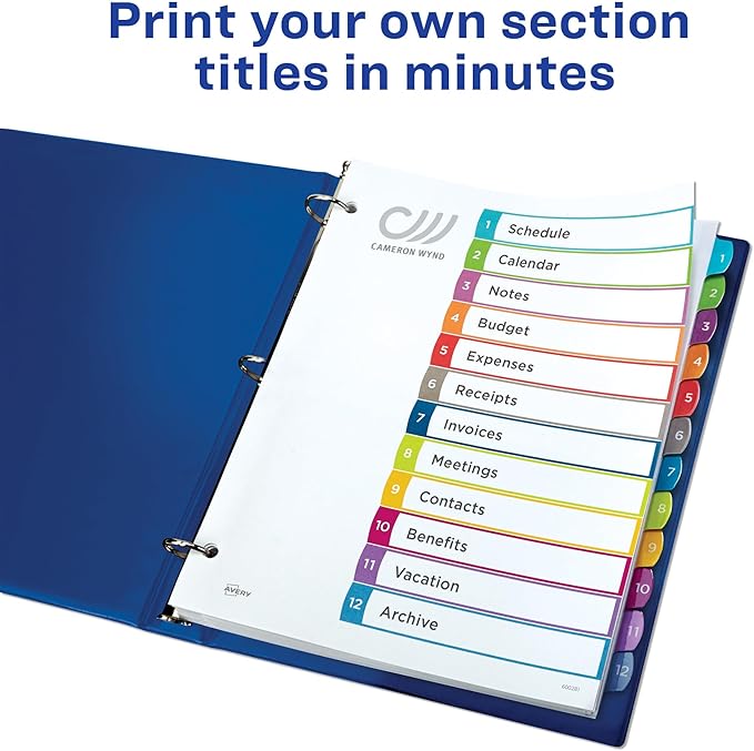 Avery Dividers for 3 Ring Binders, 12 Tabs per Set, Customizable Table of Contents, Multicolor Arched Tabs, Great for Organizing Reports, Projects, and More (24 Sets of 11843)