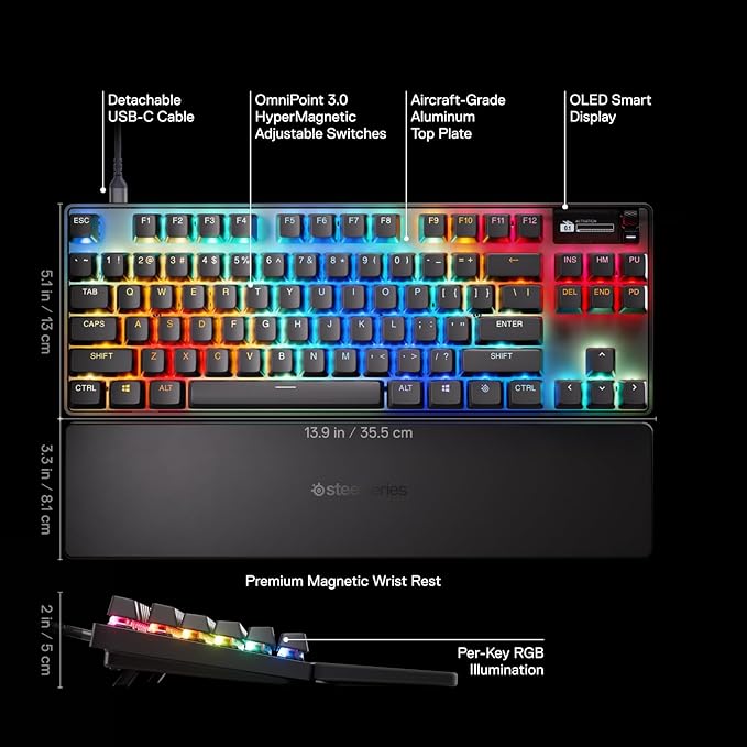 SteelSeries Apex Pro TKL Gen 3 OmniPoint 3.0 HyperMagnetic Switches Adjustable Actuation Rapid Trigger Ready Presets Protection Mode Rapid Tap/SOCD OLED RGB PBT Keycaps USB-C (Renewed)