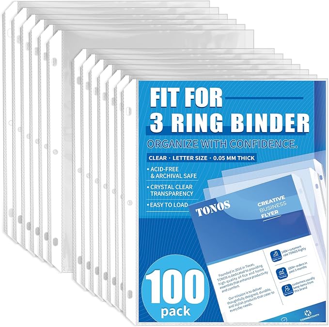 100 Pack Sheet Protectors for 3 Ring Binder - Clear Page Protectors & Plastic Sleeves for Paper 8.5x11 Inch, Binder Sleeves and Paper Protector Sheet for Document, Letter Size, Top Loading