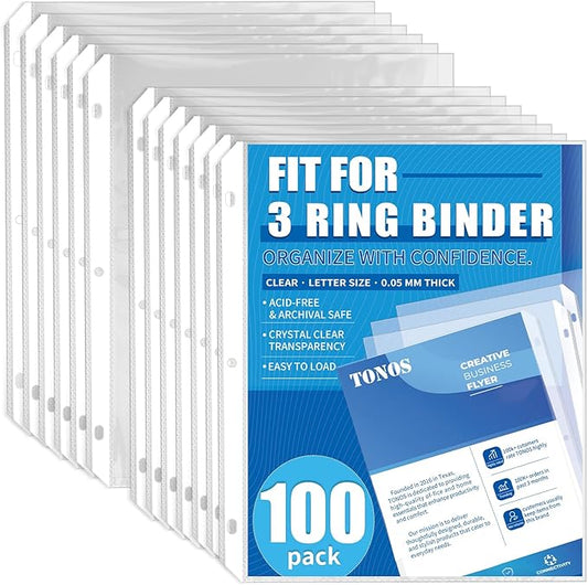 100 Pack Sheet Protectors for 3 Ring Binder - Clear Page Protectors & Plastic Sleeves for Paper 8.5x11 Inch, Binder Sleeves and Paper Protector Sheet for Document, Letter Size, Top Loading