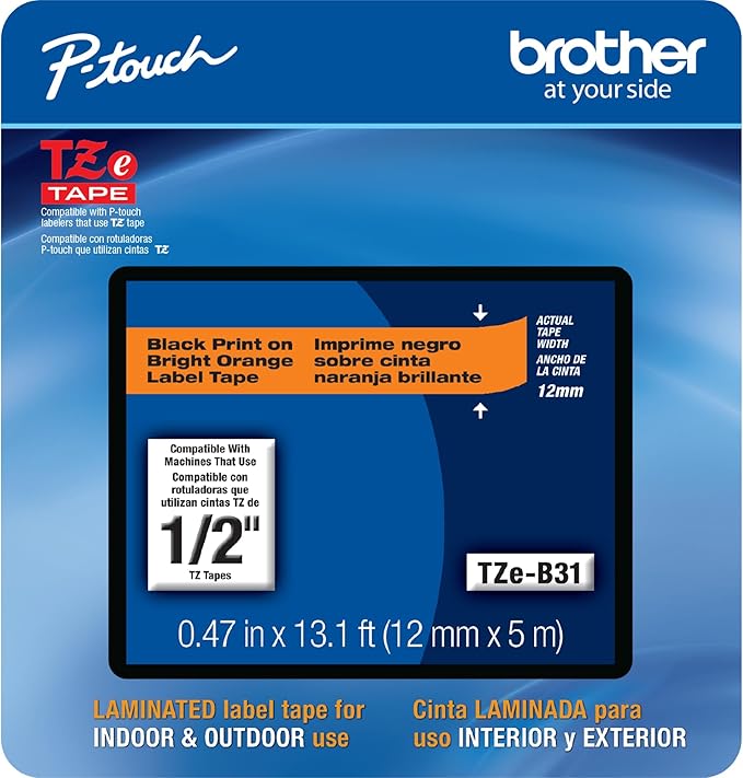 Brother Genuine P-touch, TZe-B31CS, 0.47” x 16.4’, Black on Fluorescent Orange Laminated Label Tape