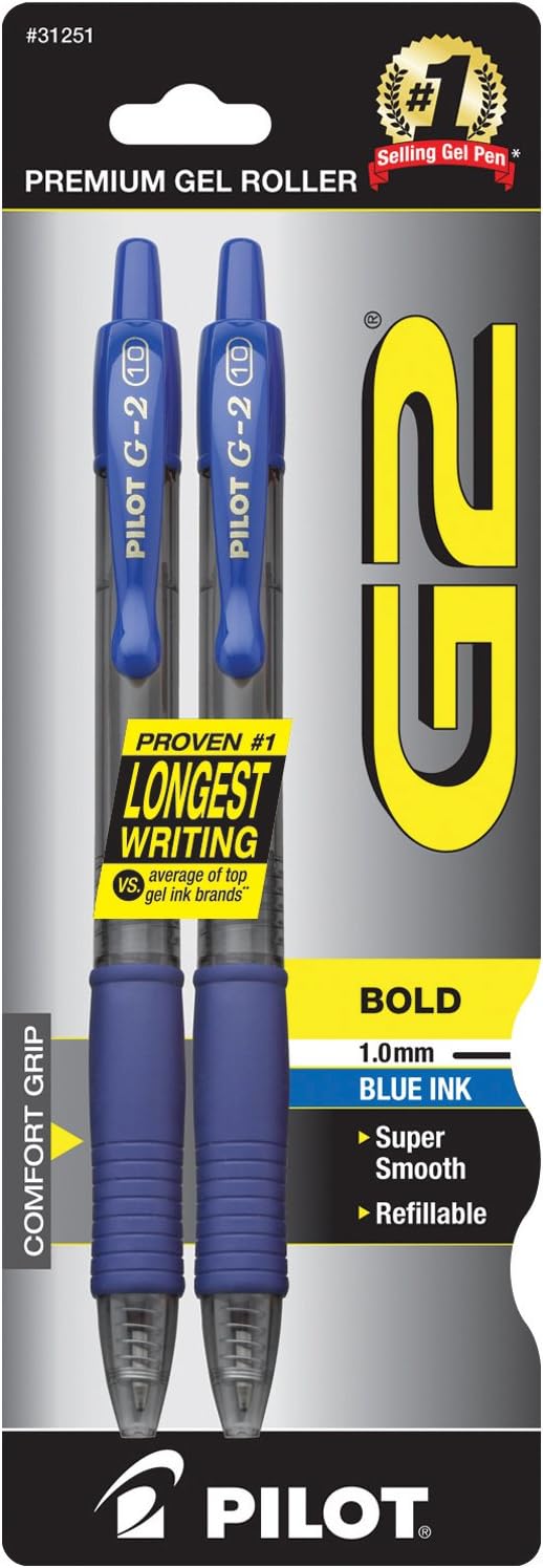 Pilot G2 Premium Gel Pens, Black Pens, Bold Point 1 mm, 2 Black