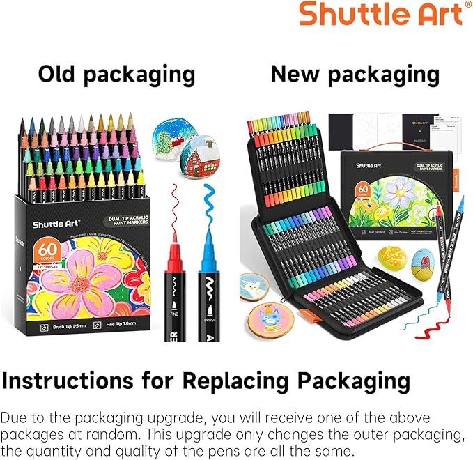 Shuttle Art 60 Colors Dual Tip Acrylic Paint Markers, Brush Tip and Fine Tip Acrylic Paint Pens for Rock, Ceramic, Wood, Canvas, Plastic, Glass, Stone, Calligraphy, Card Making, Crafts & Nail Art