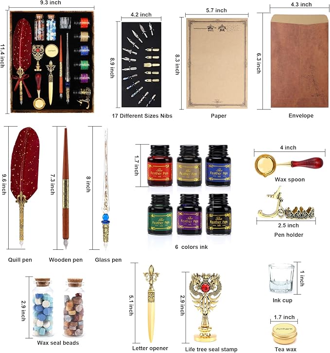Quill Feather Pen and Ink Set, Calligraphy Pen Glass Dip Pen and Wax Seal Stamp Kit (Red)