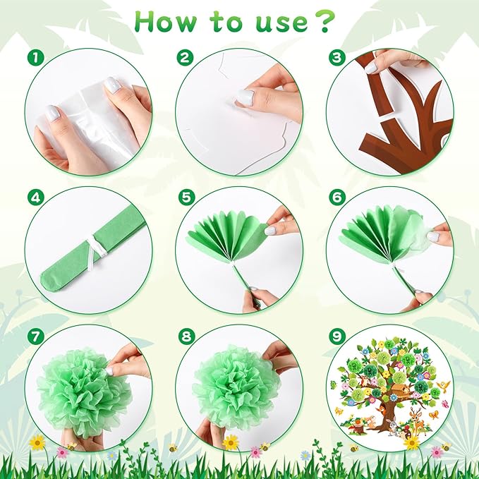 Pajean 110 Pieces Classroom Tree Bulletin Board Set Spring Tree Bulletin Board Decoration with Paper Pom Poms 3D Flowers Leaves Butterfly Cutouts for School Classroom Home Wall Chalkboard Decor