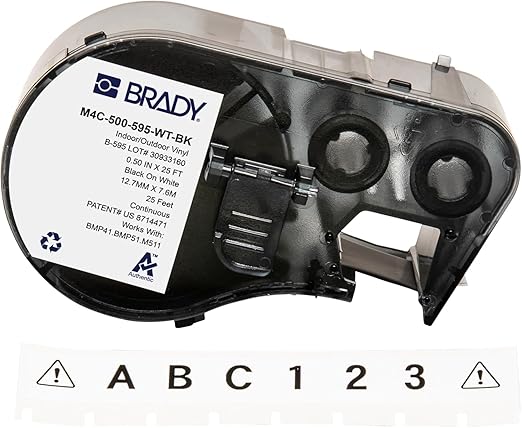 Brady Authentic (M4C-500-595-WT-BK) All-Weather Vinyl Labels 0.5 in W x 25ft Black on White. for use with BMP41, BMP51, M410, M510, and M511 Label Printers.