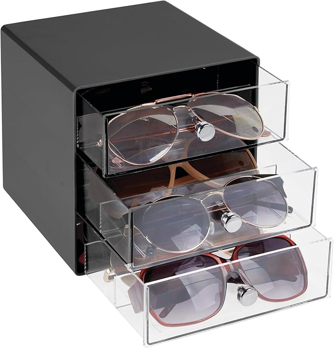 iDesign Divided 3-Drawer Stackable Organizer for Glasses, Sunglasses, and Readers - Black/Clear