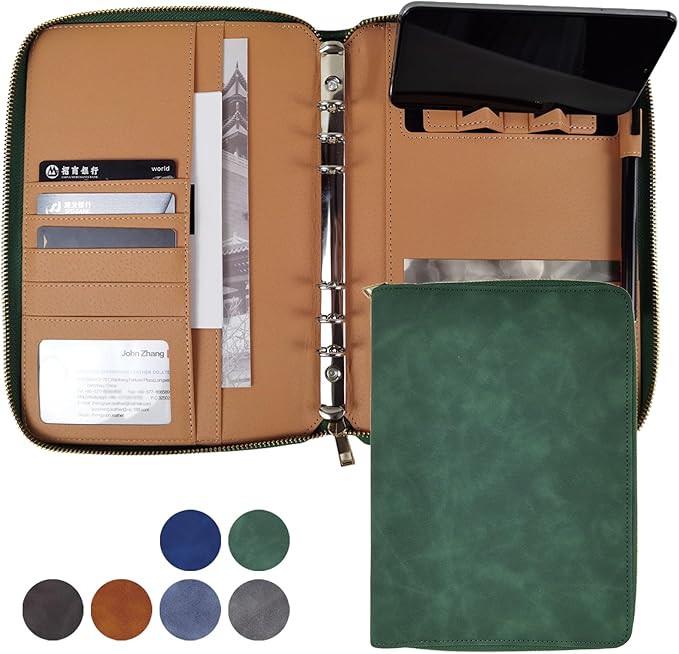 A5 Binder Case PU Leather Portfolio Budget Binder Refillable Notebook Planner Cover with Zipper 6 Rings Money Document Organizer for Business Interview (Green)